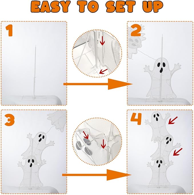 Halloween Lighted 3 Stacked Ghosts, 42’’ H Pre-Lit Lighted Ghosts with 50 Warm White Lights, Light Up Halloween Ghost Decoration for Indoor, Outdoor, Porch, Yard, Holiday Decor