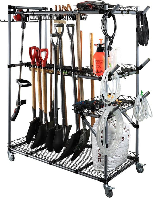 QTJH BIG Garden Tool Organizer with Wheels - Rolling Storage Rack - Multifunctional Cart