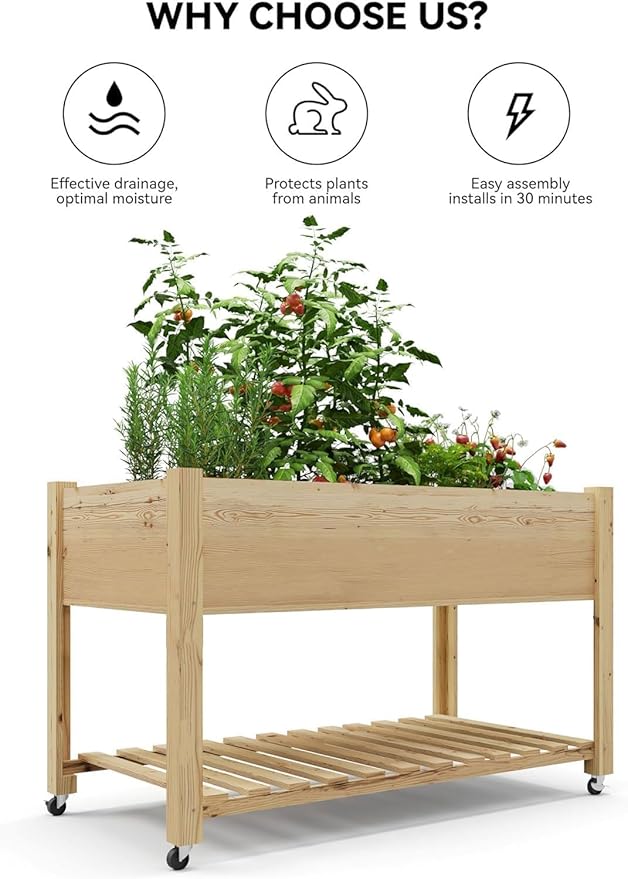 CABIHOME 48x24x32-in Wooden Raised Garden Bed, Planter Box with Legs, with Bed Liner and Bottom Shelf Flowers, Veggies, Herbs for Backyard, Patio, Balcony, Natural