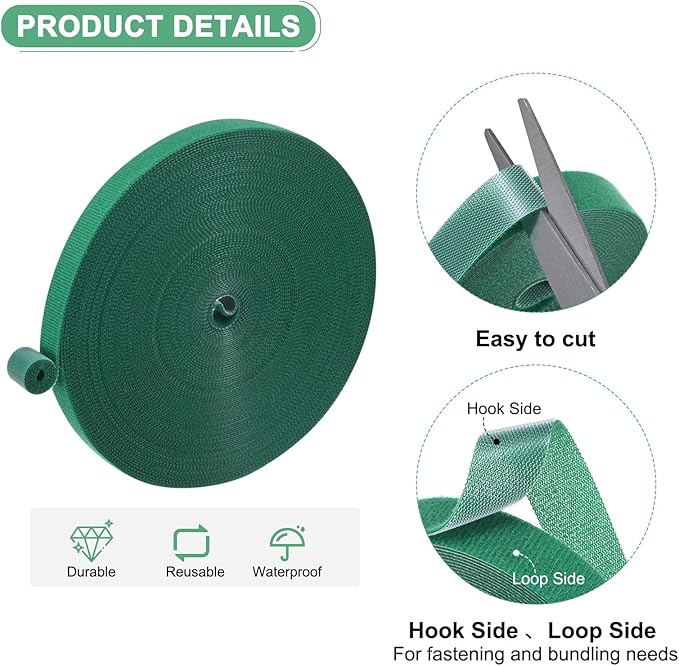 1-Roll Garden Plant Tape, 66 ft x 0.6 in Garden Hook and Loop Plant Ties Multi-Purpose Use Adjustable and Reusable Twist Wire Tape for Plants/Flowers/Vines [Green]