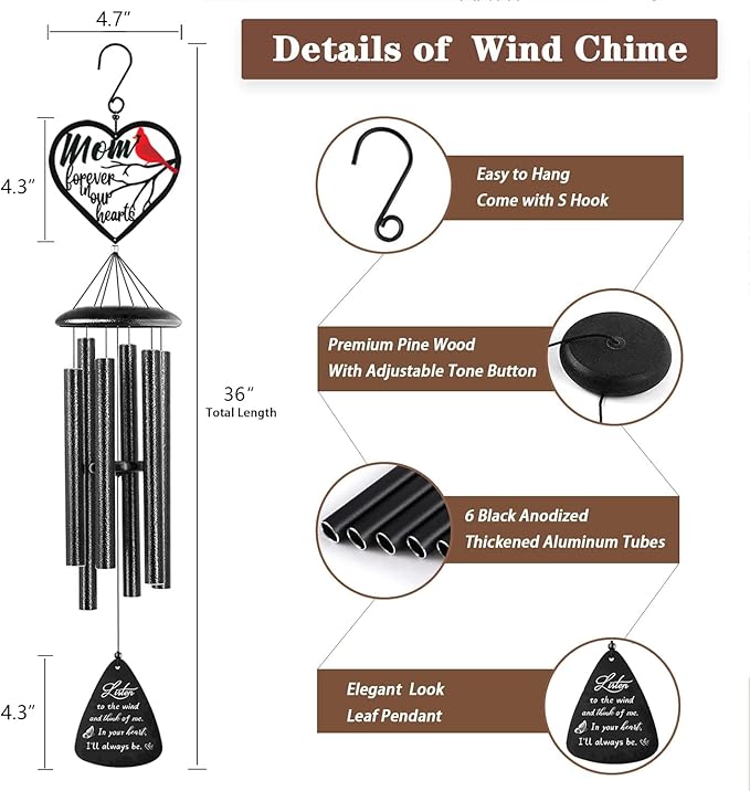 Sympathy Gifts for Loss of Mom, Memorial Wind Chimes for Loss of Mother, Condolence Bereavement Remembrance Gift in Memory of Mom