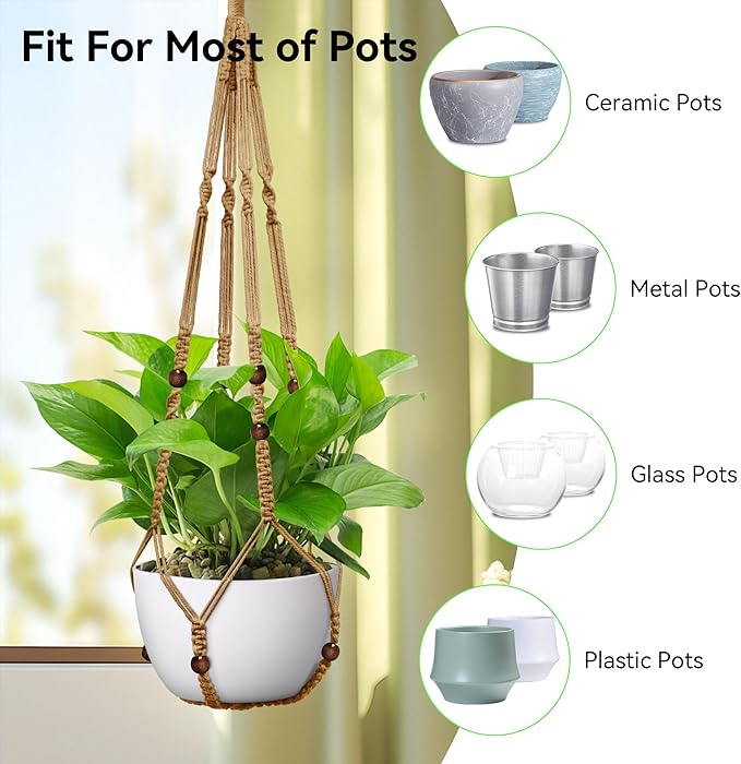USLAI Macrame Plant Hanger Indoor Outdoor, Up to 4-15 inch Pot, Strong Hanging Planter Basket, Boho Home Decor, 35 Inch, Brown (POTS NOT Included)