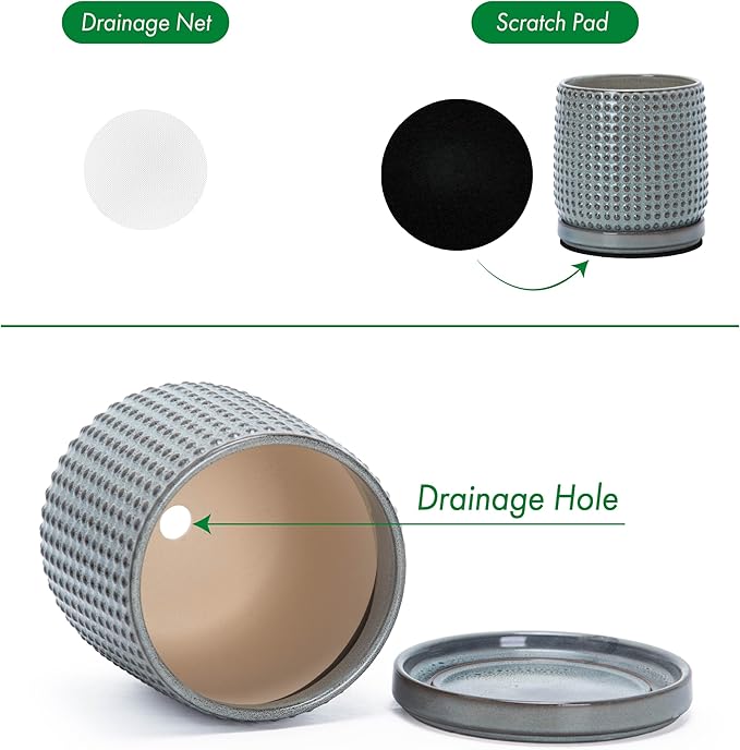 D'vine Dev 4 Inch Ceramic Beaded Stoneware Planter Pot - Flower Pot with Drainage Holes and Saucers for Indoor Succulent Plants or Flowers, Graphite Blue, 27-C-Z-9