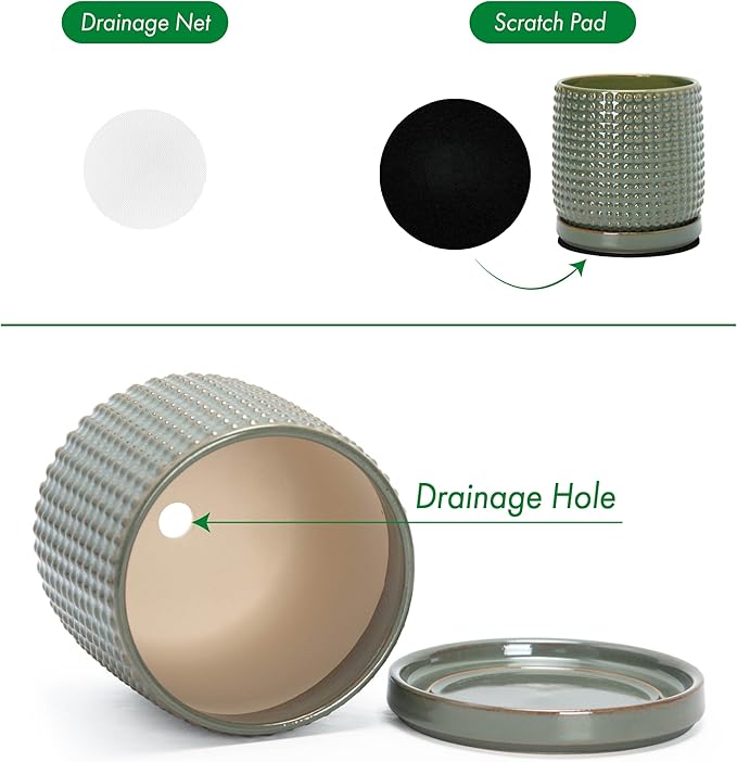 D'vine Dev 6 Inch Ceramic Beaded Stoneware Planter Pot - Flower Pot with Drainage Holes and Saucers for Indoor Succulent Plants or Flowers, Olive, 27-C-X-0