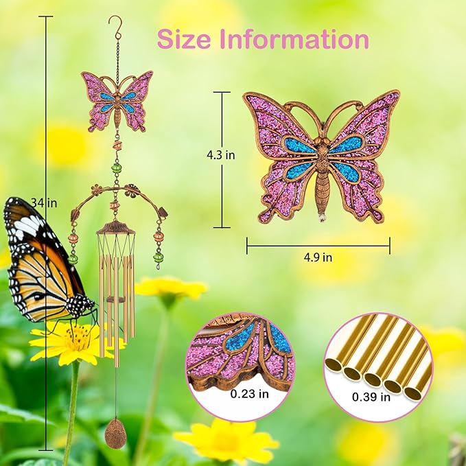 Pink Butterfly Wind Chimes - Wind Chimes for Outside Deep Tone 34 inches 5 Aluminum Tubes, Thanksgiving, Christmas, Birthday Gifts for Mom, Grandma, Daughter, Decor for Home, Garden, Patio, Backyard
