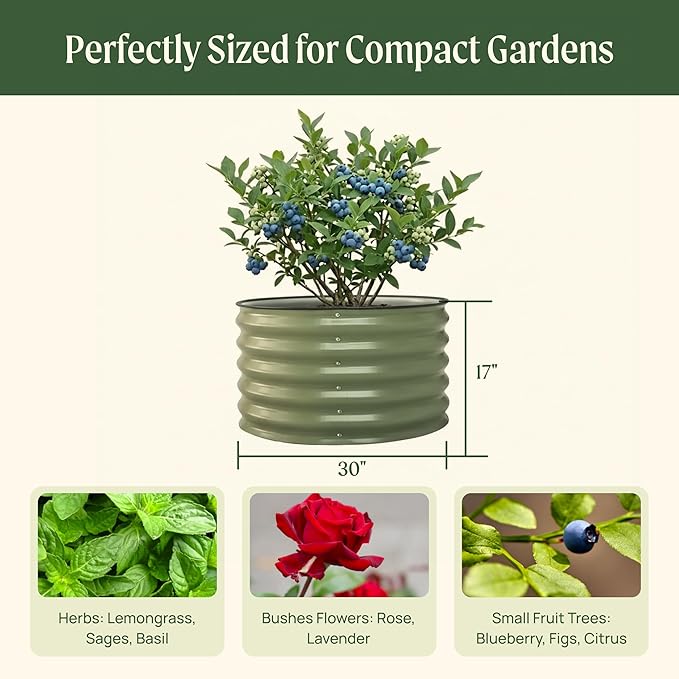 17" Tall Herb Raised Garden Bed for Basil Lavender Sages, 30" Wide Round Fruit Tomato Planter Box for Gardening Blueberries Figs, Flower Metal Pot Container for Rose, Twin Pack, Pearl White
