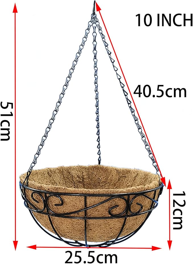 10 inch Metal Hanging Baskets For Plants Outdoor 4 Pack Round Metal Wire Hanging Basket Planter with Coco Fiber Liners Chain Round Wire Plant Holder for Garden, Patio, Deck, Porch Plants Flower Potsss