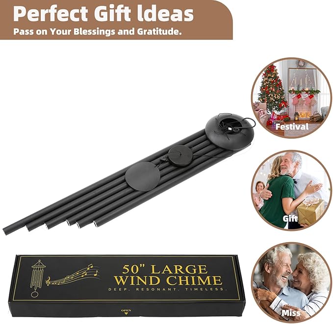 Wind-Chimes-Outdoor-Large-Decor, Deep Tone Soothing Melodic Tones Windchimes, Wind Chimes for Outside, Memorial Wind Chime Best Gift for Mom Women Grandma Neighbors（50" Black）