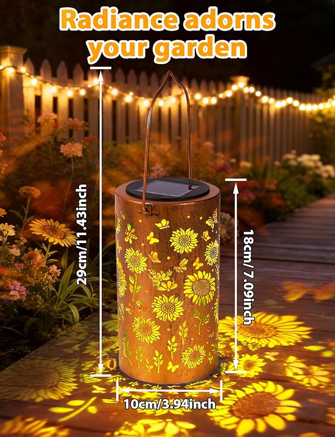 Sunflower Solar Lanterns Outdoor Waterproof, Metal Lantern Garden Lights with Color Projection, Garden Decor Gifts for Mom Women Mother Grandma, Hanging Solar Lights for Yard Porch Patio (Sunflower)
