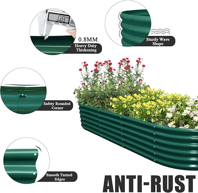 8 Pack 8x3x1.5FT Galvanized Raised Garden Bed Kit Oval Metal Ground Planter Box Outdoor Bottomless Planter Raised Beds for Vegetables Flowers Herbs Fruits, Green