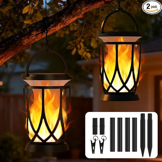 Solar Lanterns Outdoor Waterproof ,2 Pack Flickering Solar Flame Lights Upgraded Hanging Flame Lantern Pathway Torch Light Table Lamp, Auto On/ Off Porch Yard Gifts(2 Lighting Modes)