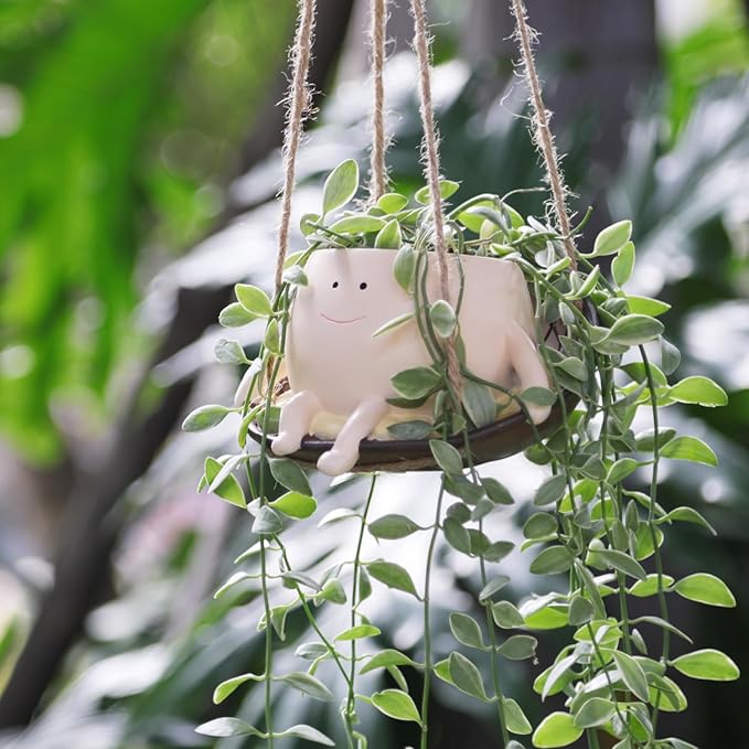 NINIPAPA Hanging Swing Chair Planter Pot Smile Face Plant Pot for Indoor Outdoor Plants Cute Head Flower Pots for Succulent String of Pearls Unique Gift on Mother's Day, Birthday, Christmas