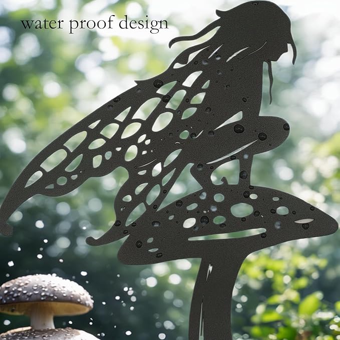 Fairy Garden Stakes, Metal Butterfly and Mushroom Design, 3-Piece Outdoor Decorative Set, Black (18)
