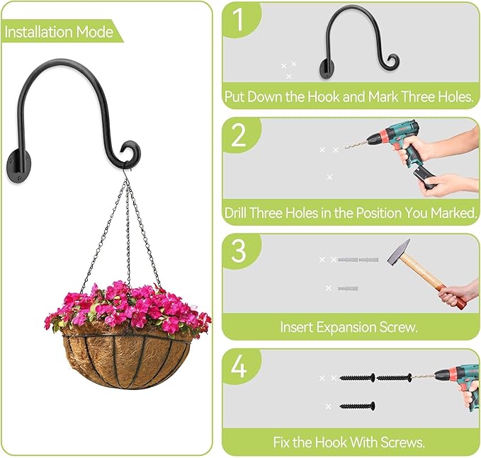 AJART Hanging Plant Hanger Outdoor: Bird Feeder Wall Hooks - 8 Inch Plant Bracket Hook for Hanging Flower Baskets 4 Pieces