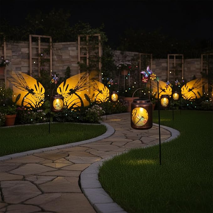 Solar Lanterns Outdoor Waterproof Metal Dragonfly Patterns with Resin Dragonfly Inside Garden Decor Gifts for Women Mom Grandma Hanging Solar Lights Decoration Outside for Yard, Patio, Backyard, Porch