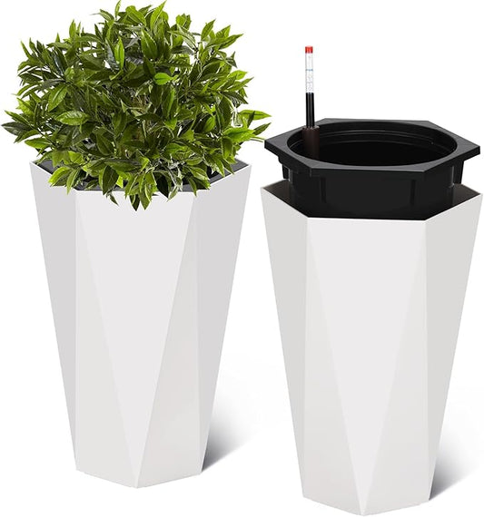 CABIHOME Set of 2 Large Tall Planter for Indoor or Outdoor,22.5" Self-Watering Diamond Planters with Water Level Monitor & Wheels for Garden, Front Porch, Patio, White