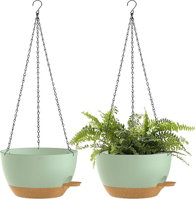 10 Inch Hanging Baskets 2 PC with Chains, Self-Watering Hanging Planters for Indoor Outdoor Plants, Plastic Hanging Flower Pots,Green Brown