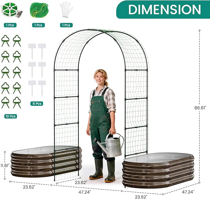 DoCred 3 in 1 Galvanized Raised Garden Bed, 2Pcs Garden Planter Box with 87" H Trellis for Climbing Plants, Outdoor Gardening Raised Beds with Climbing Net for Fruits, Vegetables, Flower (Wood Grain)