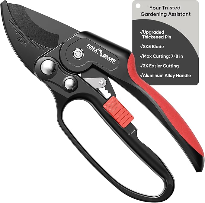 FLORA GUARD Ratchet Pruning Shears, Garden Shears with Reinforced Structure, 3x Cutting Power, Sharp Gardening Scissors for Branches up to 7/8 in, Ideal for Weak Hands