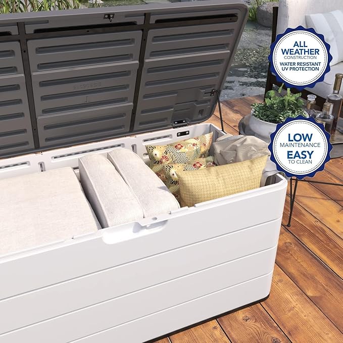 100GAL-White，European Style Small Cabinet - White Waterproof Resin Storage Bin for Patio Cushions，Accessories，UV Resistan
