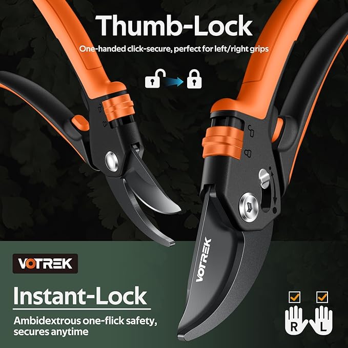 VOTREK Pruning Shears, [Patented Stepless Handle Opening] - Garden Clippers with Ultra-Sharp SK5 Steel for Weak Hand, Pruners Universal Fit for All Hand Sizes, Effortlessly Cuts 1-Inch Branches