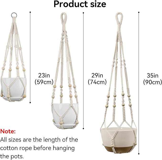 USLAI Macrame Plant Hanger Indoor Outdoor, Up to 4-15 inch Pot, Strong Hanging Planter Basket, Boho Home Decor, 23+29+35 Inch, Ivory (POTS NOT Included)