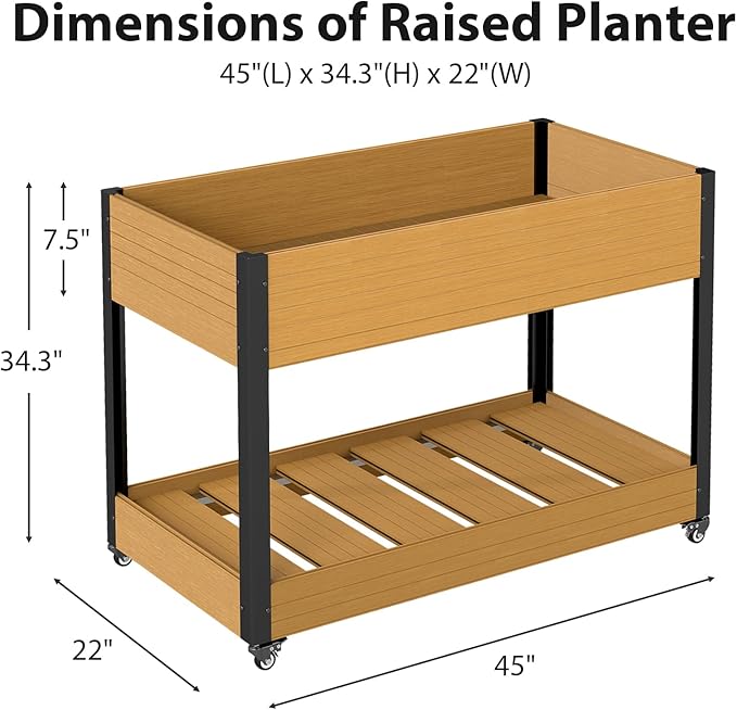 WPC Raised Garden Bed, Waterproof Elevated Planter Box with Legs and Wheels for Outdoor, Standing Patio Planters for Vegetables Flowers Herbs with Drainage Holes, Yellow Teak