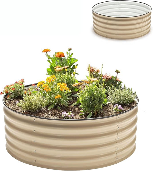 Epic Gardening 5-in-1 Modular Galvanized Raised Garden Bed Kit, 15" Tall Metal Planter Box, Durable Aluzinc Steel Raised Garden Bed Outdoor for Vegetables, Herbs, Flowers & Fruits - Round - Light Clay