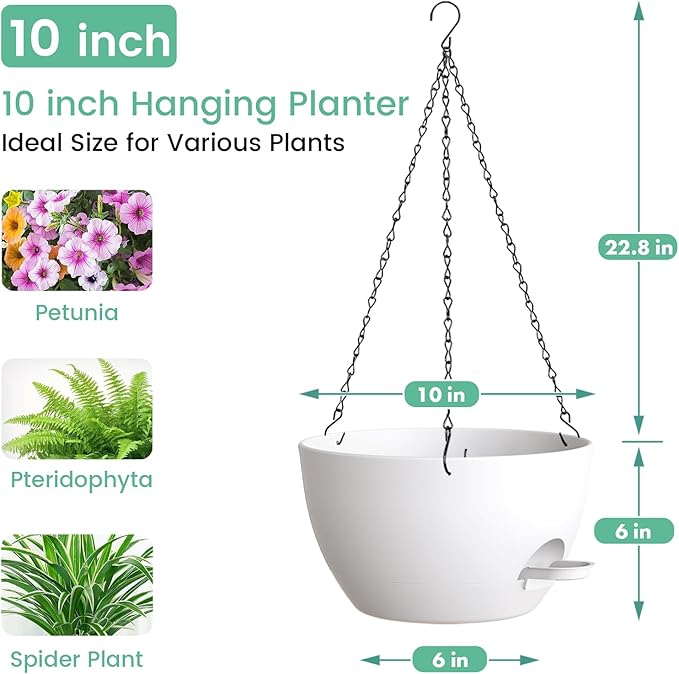 Set of 3-10 Inch Self Watering Hanging Planters for Indoor & Outdoor，Hanging Plant Pots with Drainage & Removable Tray, Hanging Pots for Ivy, Pothos Plant, Spider Plants, Ferns, Balcony & Patio, White