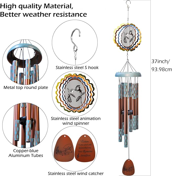 Wind Chimes for Outside with 3D Animations Hummingbird Wind Spinner,37" Memorial WindChimes Outdoor Hanging Decor,Hummingbird Gift for Women Mom Grandma Wife,Garden Ornaments