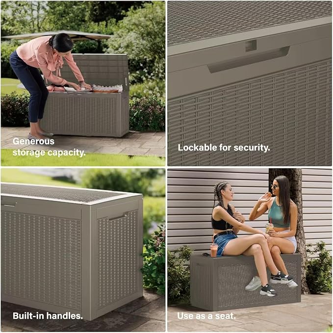 Mersco 100 Gallon Double-Wall Resin Deck Box - Lockable Waterproof Outdoor Storage Box, 1000lbs Capacity & Doubles as Seating for Patio Furniture - Garden Tools, Pool Accessories (Grey)