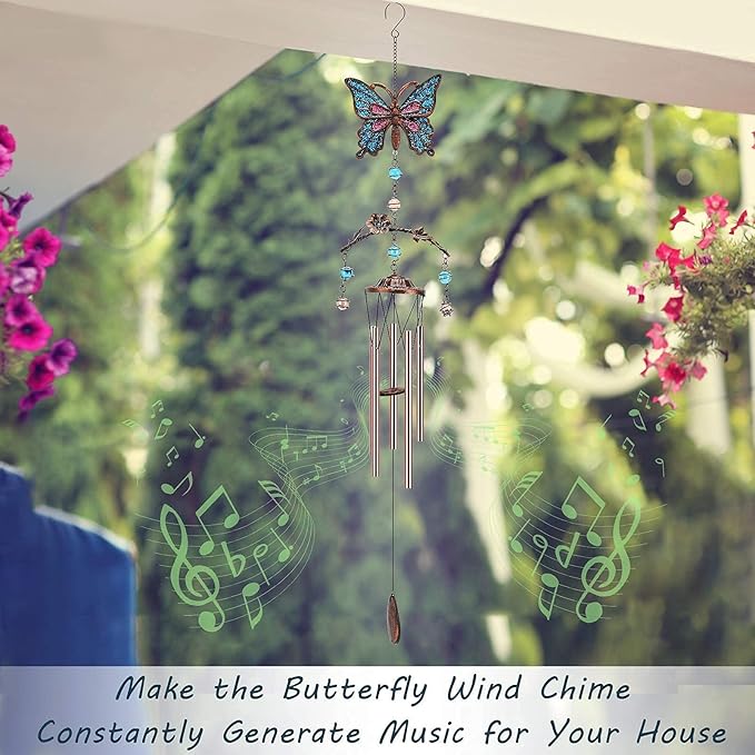 Blue Butterfly Wind Chimes - Wind Chimes for Outside Deep Tone 34 inches 5 Aluminum Tubes, Thanksgiving, Christmas, Birthday Gifts for Mom, Grandma, Daughter, Decor for Home, Garden, Patio, Backyard