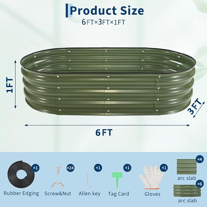 PeakPursuit 6X3x1Ft Galvanized Raised Garden Bed Kit, Metal Raised Garden Bed, Oval Planter Box with Open-Ended Base for Vegetables, Flowers, Herbs & Fruits
