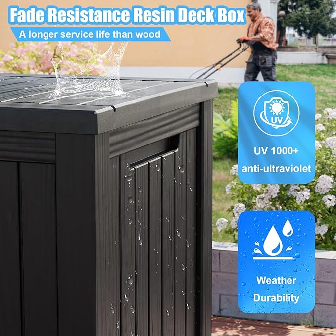 200 Gallon Lockable Resin Outdoor Storage Box, Waterproof & Weather Resistant Deck Box for Patio Cushion, Garden Tools & Pool Accessories, Black