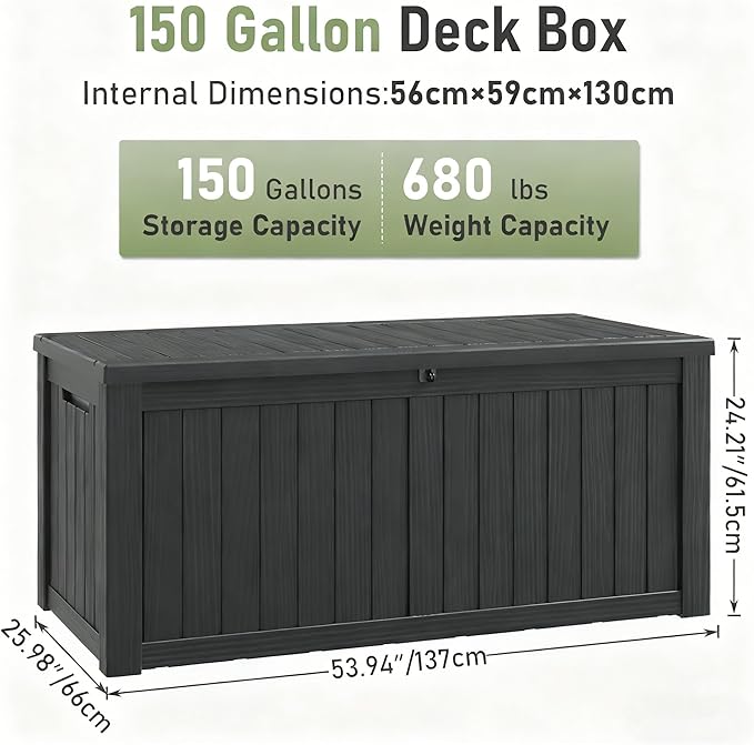 NBYSGO Outdoor Storage Box, Resin Deck Boxes Indoor and outdoor, Waterproof Storage Box Lockable Lid (Grey,150 Gallon)