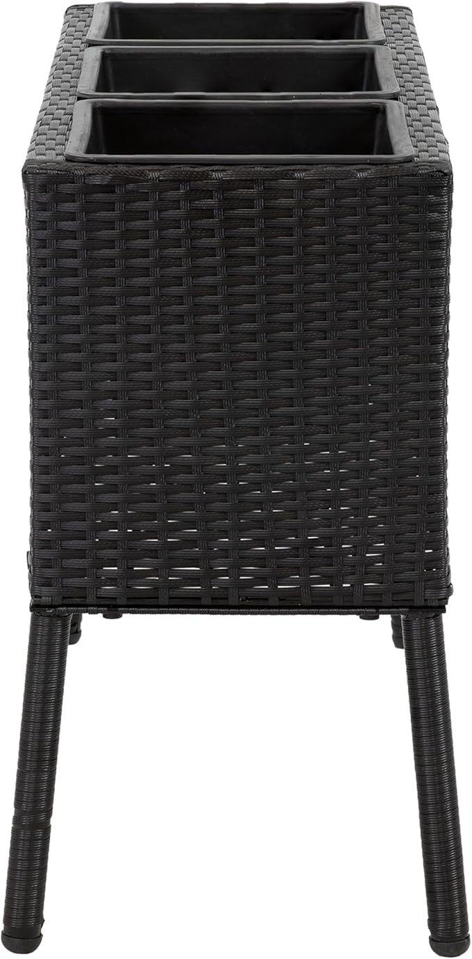 Sunnydaze 3-Section Wicker Raised Planter Box - 3 Removable Plastic Inserts - Above Ground Raised Garden Bed with Legs - 30.75" W x 11.75" D x 22" H