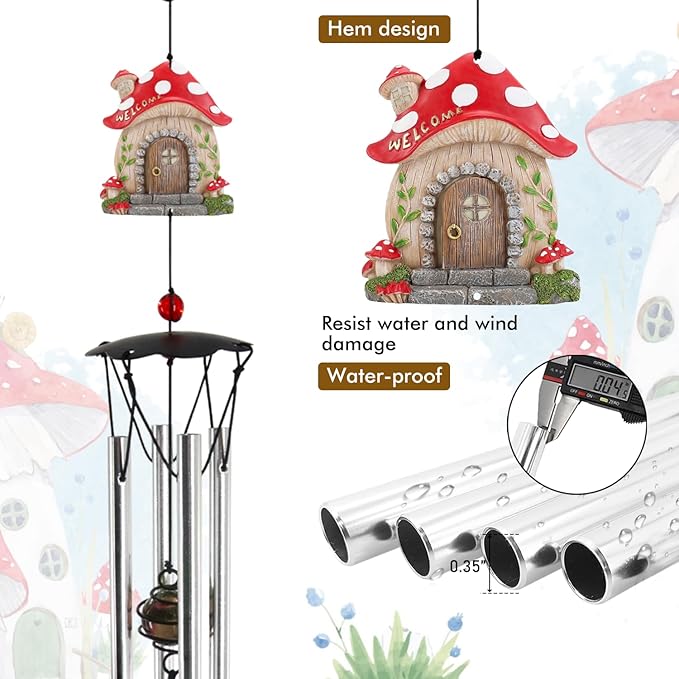 Wind Chimes for Outside 24" Mushroom Wind Chimes Outdoor Home Patio Garden Decor Windchimes Outdoors Gift Ideas for Women Mom Grandma Sisters