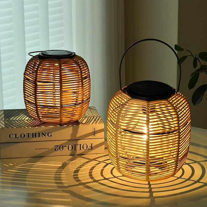 Hanging Solar Lanterns Outdoor Waterproof, 2 Pack Rattan Outdoor Lanterns, Outdoor Solar Hanging Lights, Lantern Lamp Decorations for Outside Yard Garden Pathway Porch Indoor Table Rattan Decor