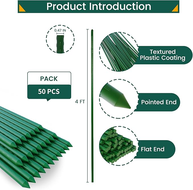 48 Inch 4 Ft Plant Support Garden Stakes 50 PCS, Sturdy Steel Plastic Coated Sticks for Outdoor Growing Climbing, Tomato, Trees, Cucumber, Beans