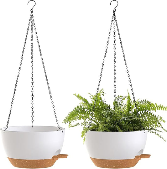 10 Inch Hanging Baskets 2 PC with Chains, Self-Watering Hanging Planters for Indoor Outdoor Plants, Plastic Hanging Flower Pots,White Brown