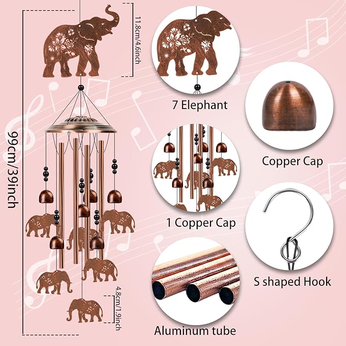 Elephant Wind Chimes for Outside - Elephant Gifts for Women Men, Memorial Sympathy Wind Chimes for Outdoor, Garden Patio Yard Porch Decor, Mom Grandma Wife Friends Birthday