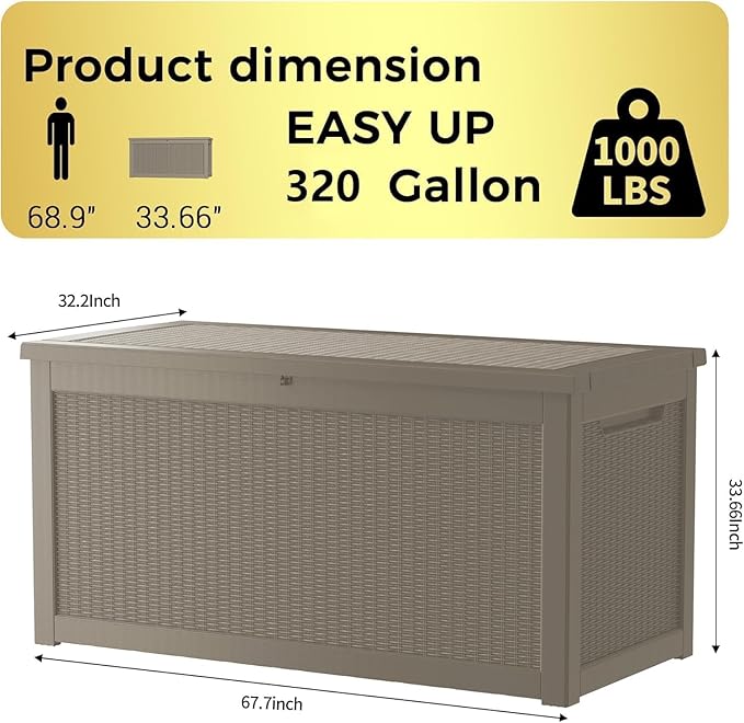 320GAL Deck Box -Grey ，Lockable Resin Storage Box，Outdoor Storage Box，UV Resistant Resin，Patio, Garden and Poolside