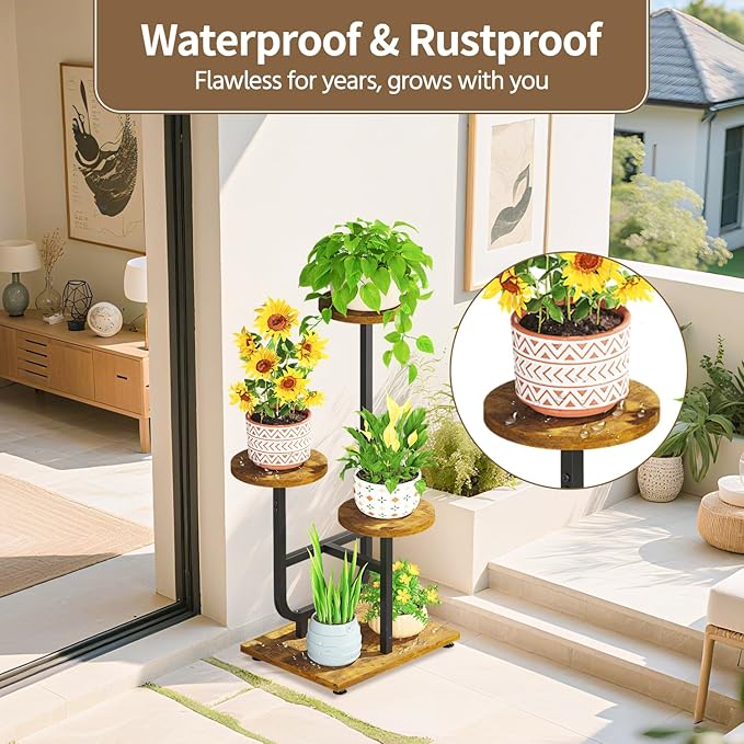 LASZOLA Black 3 Tier Tall Metal and Wood Plant Stand Indoor, Large Heavy Duty Planter Holder Rack for Vertical Corner, Sturdy Iron Spiral Multiple High Flower Organizer for Rustic Patio House Bathroom