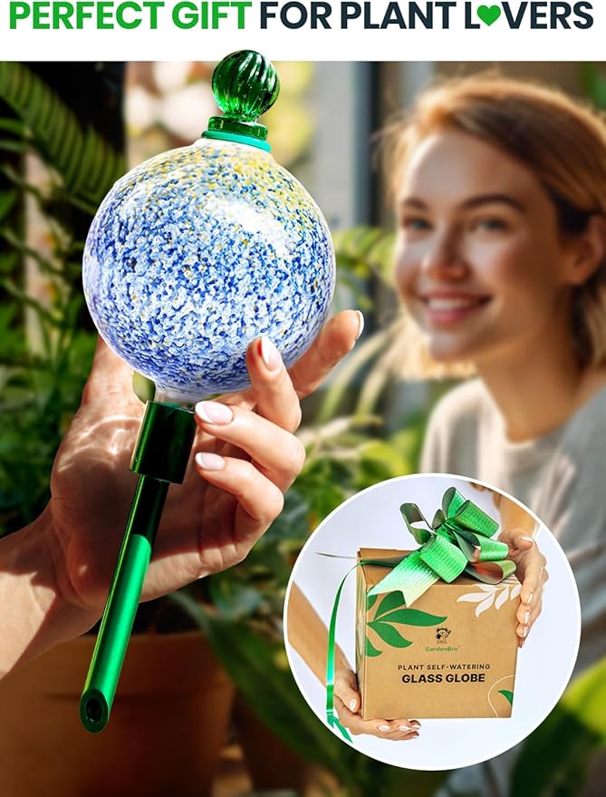 16 Oz Plant Watering Globes for Indoor Plants with Metal Self Watering Planter Insert - Premium XL Glass Hand-Blown Globe - Automatic Plant Waterer Indoor, Gift Idea for Gardener [1 Globe, Blue Gold]