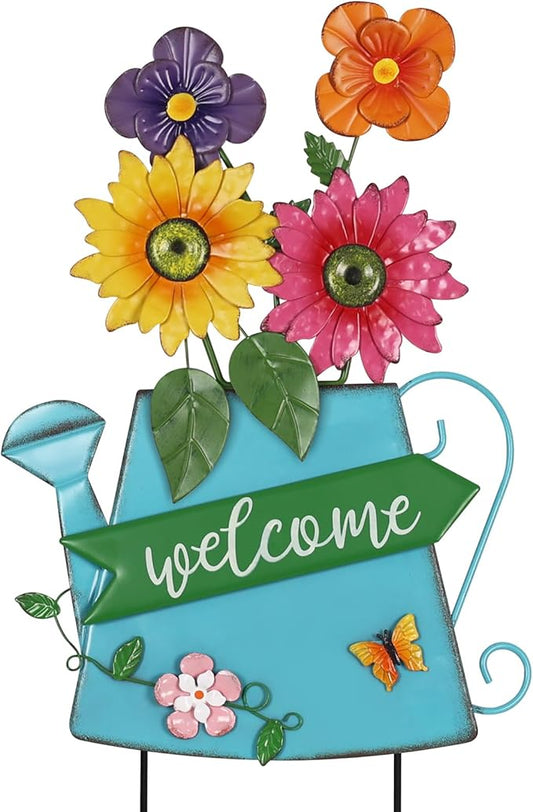 YEAHOME Garden Decor for Outside, 24.4“ Decorative Garden Stakes Metal Watering Can with 4 Flowers for Spring Decor, Welcome Yard Signs for Outdoor Lawn Backyard Patio Porch Pathway Decorations