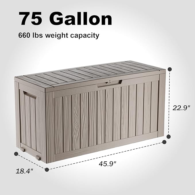 75 Gallon Waterproof Resin Deck Box, UV Resistant Outdoor Storage for Garden, Patio, Porch, Delivery（Grey，75 Gallon）