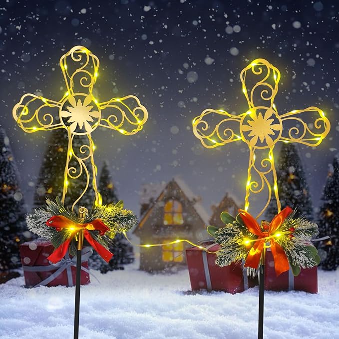 Cemetery Christmas Decorations Cross with 60 String Lights, Christmas Metal Yard Stakes for Gravesite Religious Outdoor Decorations 2 Pack