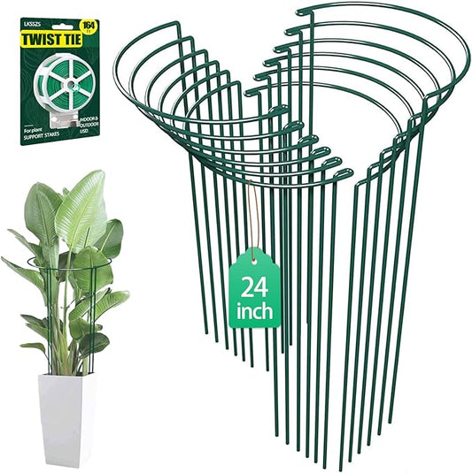 LKSSZS 12 Pack 24 inch Plant Support Stakes, Half-Round Metal Garden Flower Stakes, Large Peony Support Ring and Cage for Indoor and Outdoor Plants, Hydrangea, Tomato, Rose, Monstera with Plant Ties