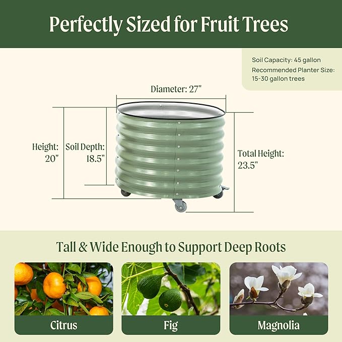 Rolling Metal Citrus Tree Planter Pot, 27″ Round Planter Box for Porch Patio & Backyard, 45 Gallon Large Planter Pot with Wheels for Growing Trees Tomatoes Vegetables and Flowers, Modern Gray