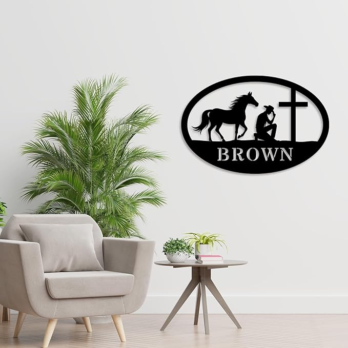 Personalized Metal Sign Custom Praying Cowboy or Cowgirl With Horse Kneeling at Cross Name Western Wall Art Faith Decor Gift